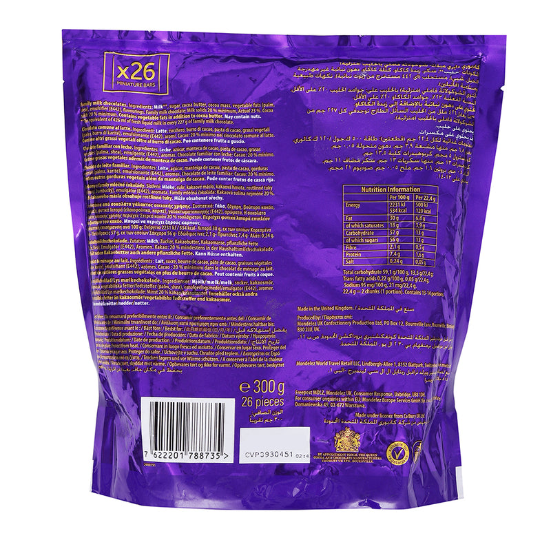 The back of a purple Cadbury Cadbury Dairy Milk Chunks Pouch 300g bag with a label on it, perfect for sharing.