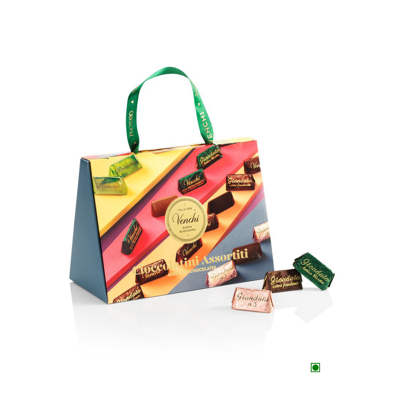 A Venchi gift bag with a variety of Assorted Gianduiotto Chocolates 150g in it.