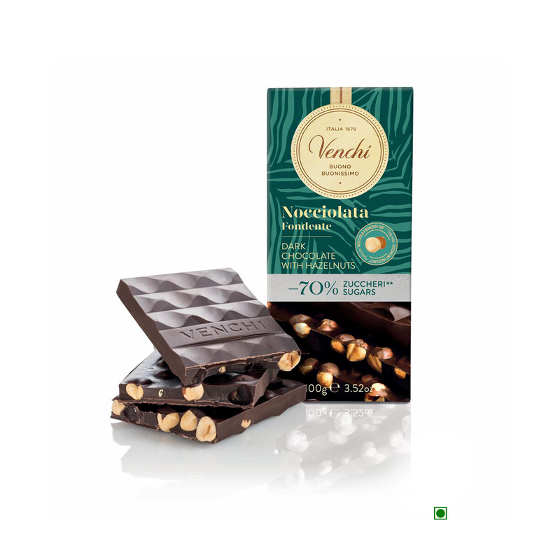 A Venchi Dark Chocolate Hazelnut - 70% Sugar Bar 100g with nuts and hazelnuts.