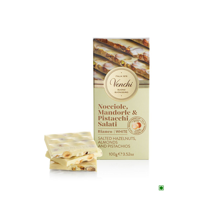 A Venchi White Chocolate with Salted Nuts Bar 100g with Piedmont Hazelnuts and lightly-salted almonds.