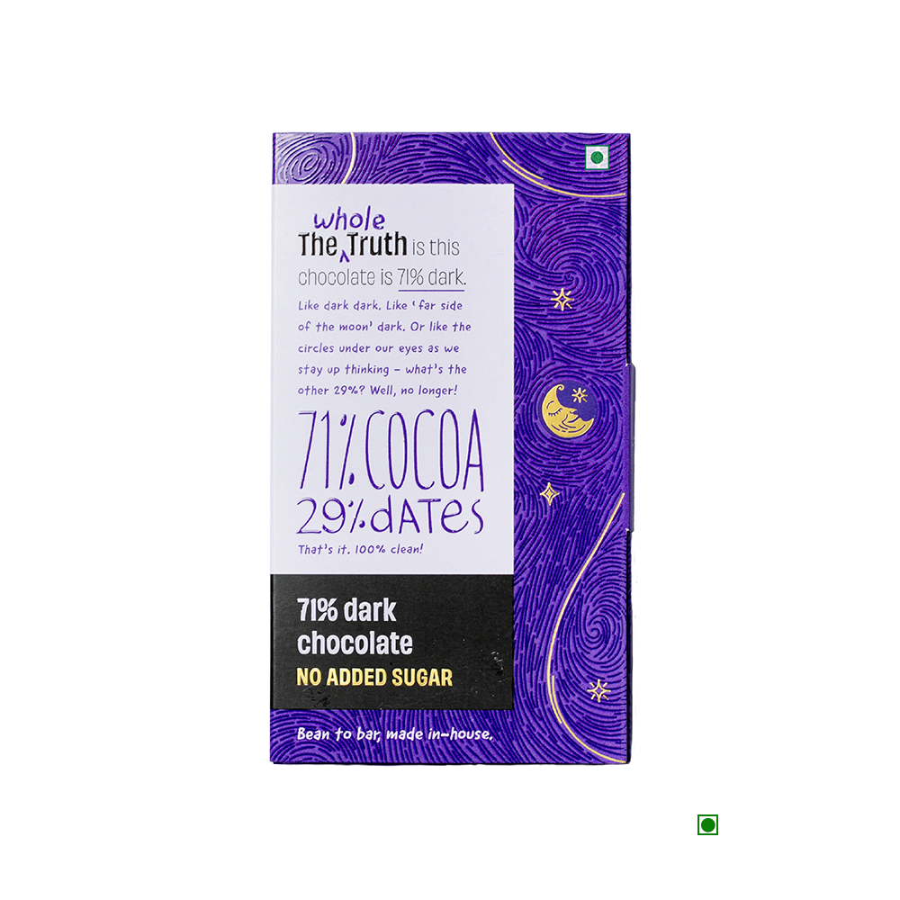 Decadent The Whole Truth 71% Dark Chocolate 90g packaging with a 71% cocoa content highlighted, stating no added sugar and mentioning the product is made in-house.