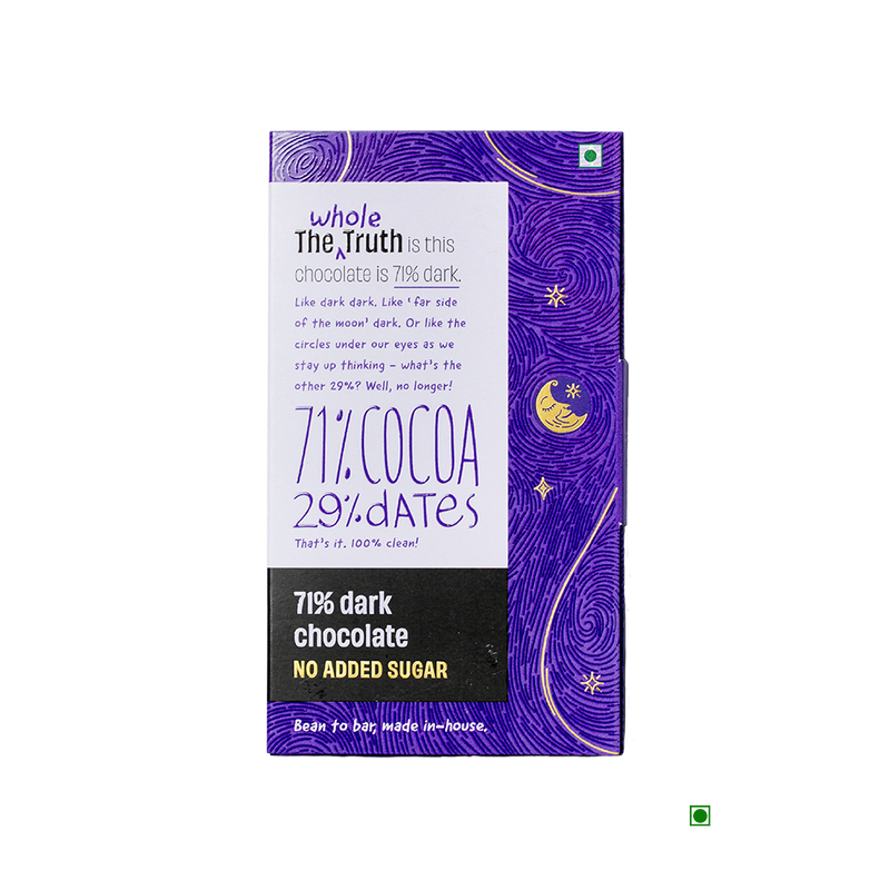 A The Whole Truth 70% Dark Chocolate bar with a purple background.