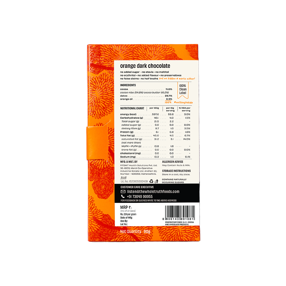 A package of The Whole Truth Orange Dark Chocolate 90g on a black background.