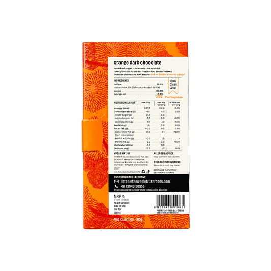 A package of The Whole Truth Orange Dark Chocolate 90g on a black background.