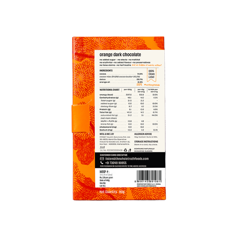 A package of The Whole Truth Orange Dark Chocolate 90g on a black background.