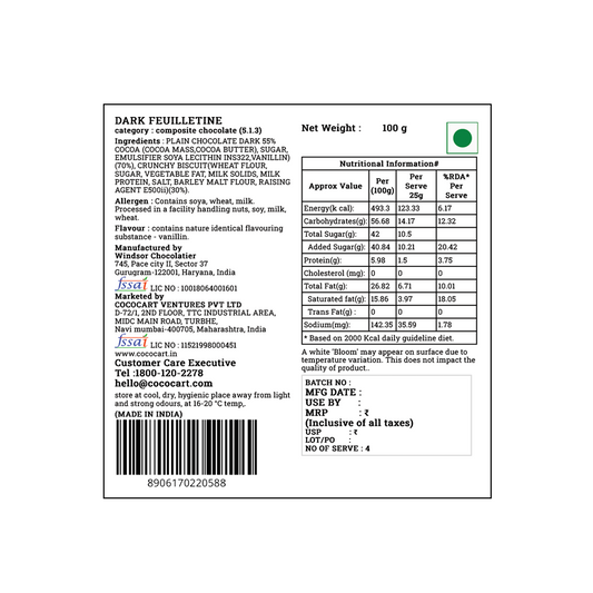 Label of a Rhine Valley 55% Dark Feuilletine 100g bar, featuring French biscuit notes, showing ingredients, nutritional information, manufacturing details, best before date, price, FSSAI and ISI certifications, and storage instructions.