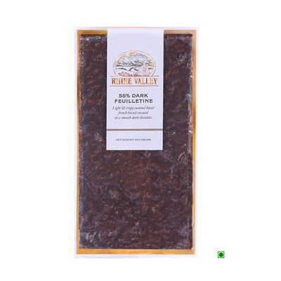 A package of a Rhine Valley 55% Dark Feuilletine 100g chocolate bar.