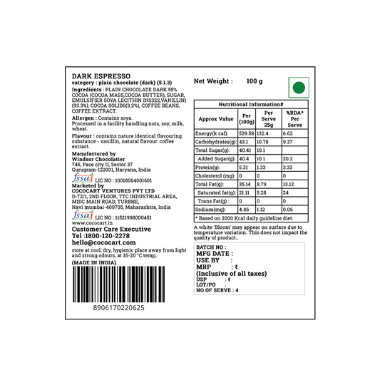 Back of a Rhine Valley Dark Espresso 100g chocolate bar packaging showing ingredients list including freshly roasted coffee beans, nutritional information, net weight (100g), manufacturing details, storage instructions, and customer care information.