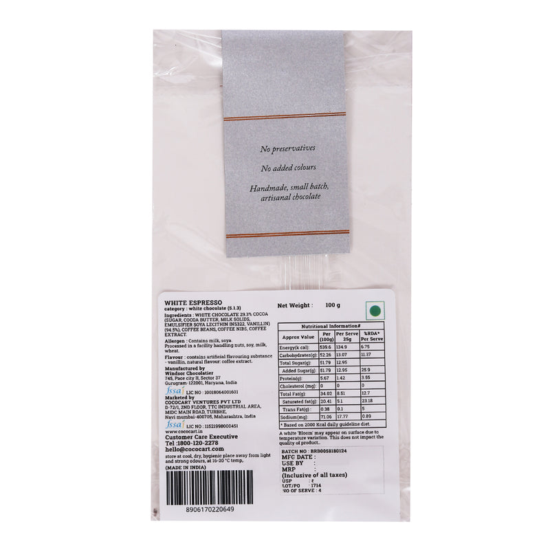 Packaged Rhine Valley White Espresso 100g pouch with nutrition information label, claims "no preservatives, no added colors, artisanal small batch coffee beans.