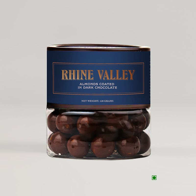 Rhine Valley Almond Dark Dragees 120g in a jar.