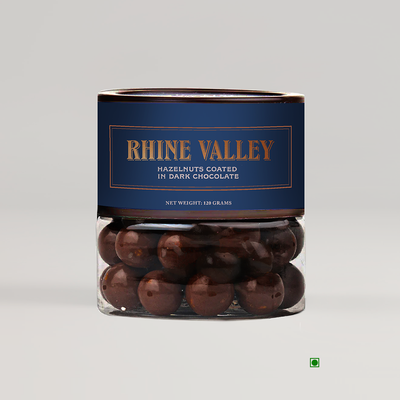 A jar of Rhine Valley Hazelnut Dark Dragees 120g with the word Rhine Valley on it.