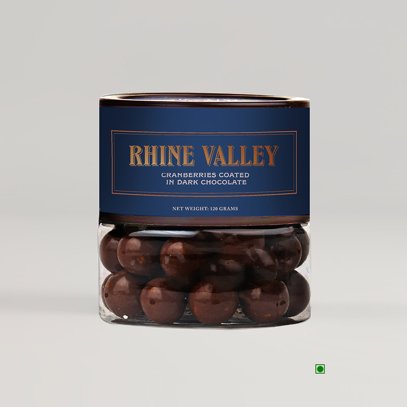 A jar of Rhine Valley Cranberry Dark Dragees 120g with the word Rhine Valley on it.