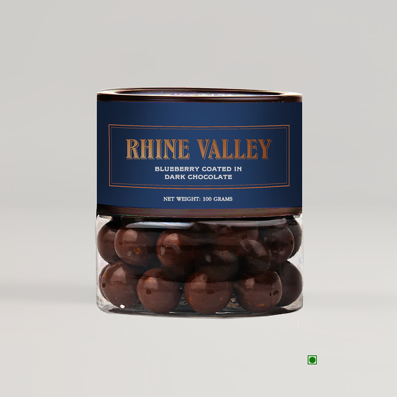 A jar of Rhine Valley Blueberry Dark Dragees 100g with the country of origin labeled as Rhine Valley.