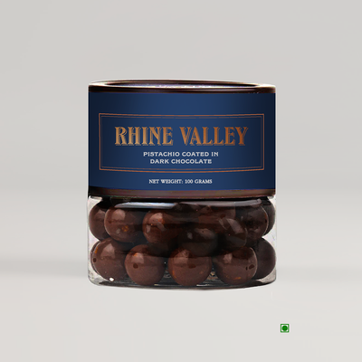 A jar of Rhine Valley Pistachio Dark Dragees 100g with the word Rhine Valley on it.