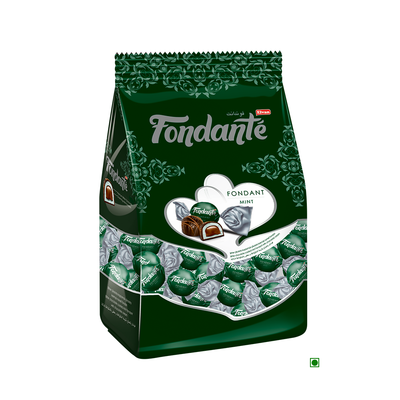 A bag of ELVAN Fondante Mint 500g chocolates on a white background.
