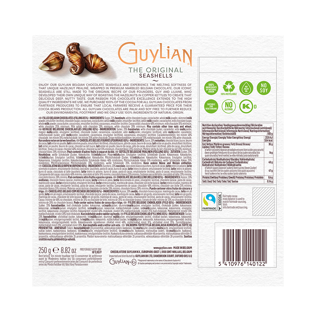 Back of a Guylian Original Seashells Chocolate Giftbox 250g box showing detailed product information, including an ingredients list with roasted hazelnut praliné, nutrition facts, and certifications, with an image of their famous chocolate Sea Shells at the top.