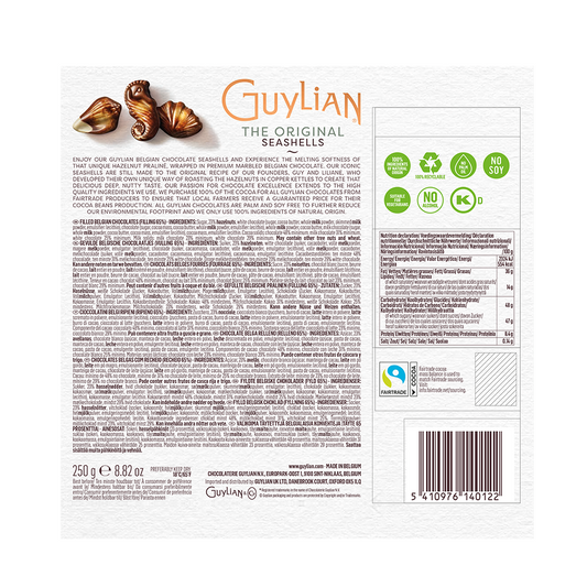 Back of a Guylian Original Seashells Chocolate Giftbox 250g box showing detailed product information, including an ingredients list with roasted hazelnut praliné, nutrition facts, and certifications, with an image of their famous chocolate Sea Shells at the top.