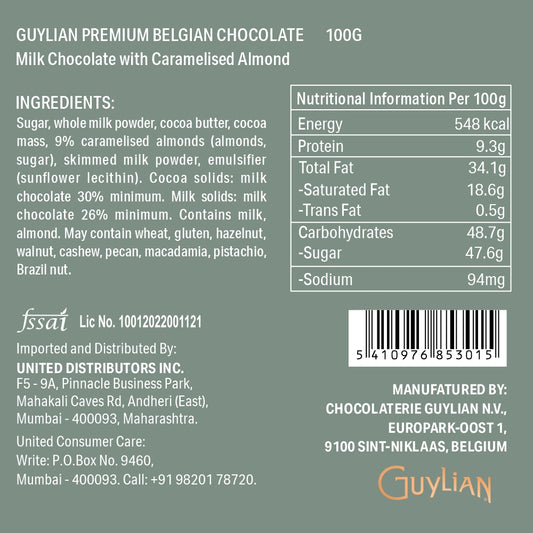 Guylian Caramelised Almonds Milk Chocolate Tablet 100g label featuring ingredients, nutritional information, manufacturer details, and proudly made in Belgium.