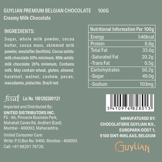 The packaging for the Guylian Creamy Milk Chocolate Tablet 100g displays its ingredients, nutritional information, and details about the manufacturer. Made in Belgium, this product contains nuts and milk.