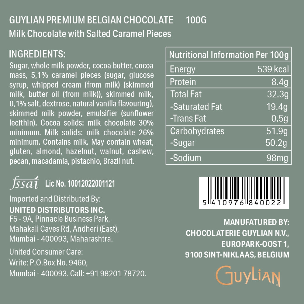 The Guylian Salted Caramel Milk Chocolate Tablet, weighing 100g, is a square package that showcases nutritional information and ingredients. Proudly made in Belgium, it offers a delightful blend of milk chocolate with pieces of salted caramel.