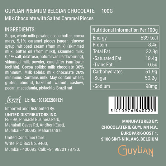 The Guylian Salted Caramel Milk Chocolate Tablet, weighing 100g, is a square package that showcases nutritional information and ingredients. Proudly made in Belgium, it offers a delightful blend of milk chocolate with pieces of salted caramel.