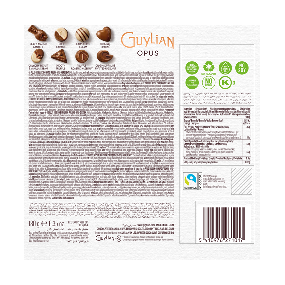 Back of a Guylian Opus Chocolate Assortment Giftbox 180g showcasing a luxurious assortment of Guylian chocolates with descriptions, ingredients, nutritional information, recycling symbols, and barcode.