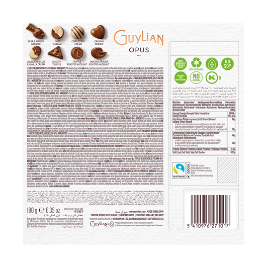 Back of a Guylian Opus Chocolate Assortment Giftbox 180g showcasing a luxurious assortment of Guylian chocolates with descriptions, ingredients, nutritional information, recycling symbols, and barcode.