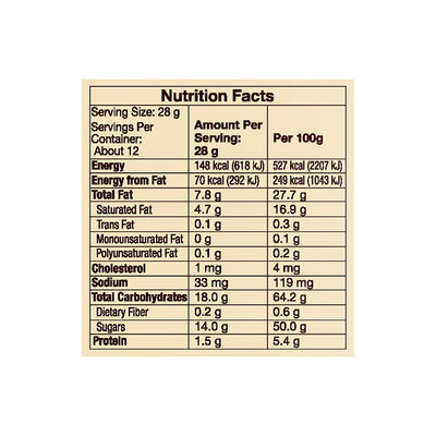 A nutrition label showing the nutritional facts of Hershey's Nuggets Cookies 'N' Creme 344g by Hersheys.