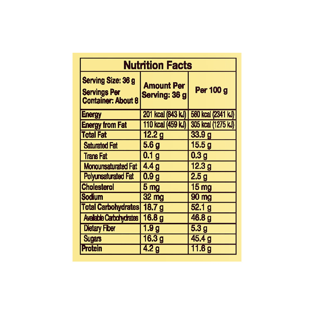 A nutrition label for Hershey's Kisses Extra Creamy Milk Chocolate With Almonds 315g by Hersheys.