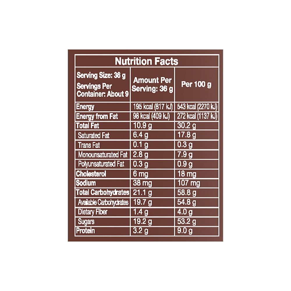 A nutritional facts label for Hershey's Kisses Creamy Milk Chocolate 340g, showing values for energy, fat, carbohydrates, and proteins per 36 g serving and per 100 g. Enjoy these sweet treats from Hershey's wrapped in festive foil wrappers.