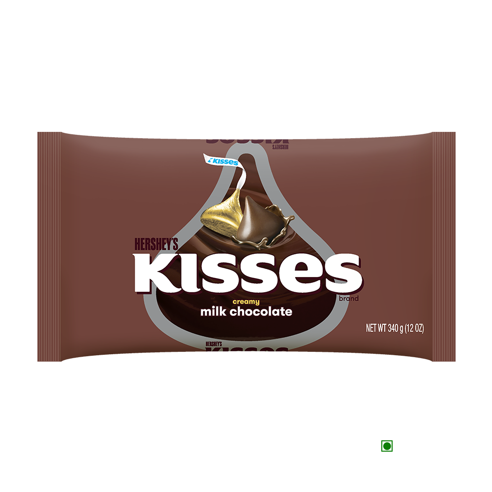 Hershey's Kisses Creamy Milk Chocolate 340g package, featuring a brown packaging with an illustration of a teardrop-shaped chocolate piece in the center, comes wrapped in festive foil wrappers.