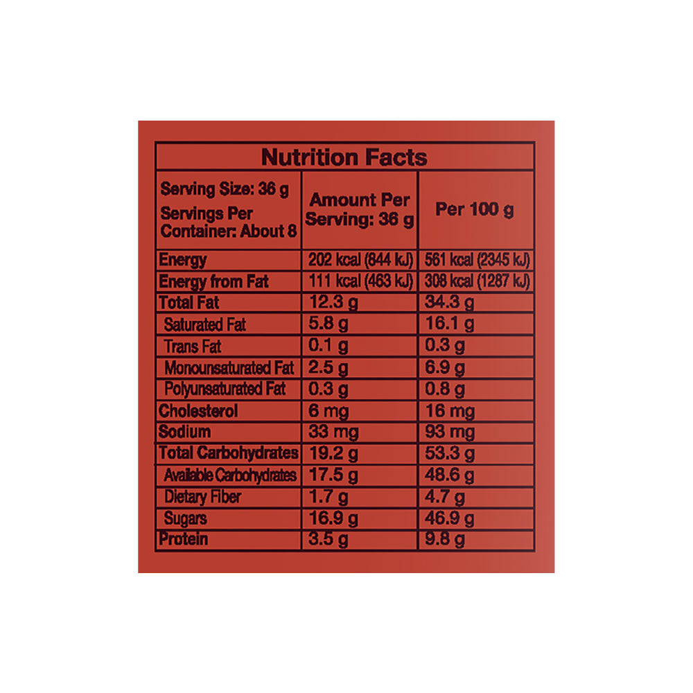 A nutrition facts label on a red background for Hershey's Kisses Milk Chocolate With Hazelnuts 315g by Hersheys.