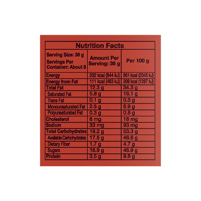 A nutrition facts label on a red background for Hershey's Kisses Milk Chocolate With Hazelnuts 315g by Hersheys.