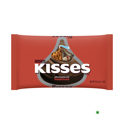 A bag of Hershey's Kisses Milk Chocolate With Hazelnuts 315g on a white background.