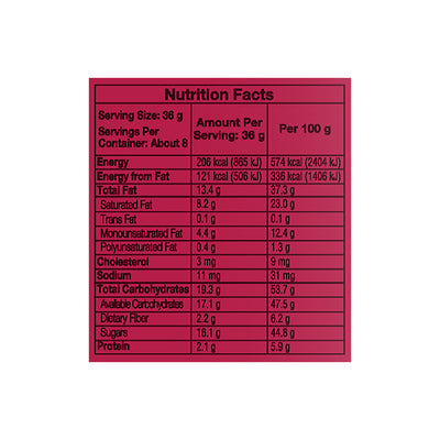 A nutrition facts label on a red background for Hershey's Kisses Dark Chocolate 315g by Hersheys.