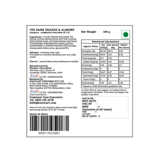 Back of a Rhine Valley 70% Dark Orange & Almond 100gm package featuring candied orange peels and Californian almonds, showing nutritional information, ingredients, manufacturing details, and a green dot indicating it is vegetarian.