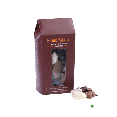 A box of Rhine Valley Almond Rocks Assorted 200gm, freshly roasted Californian almonds covered in milk, dark, and white chocolate.