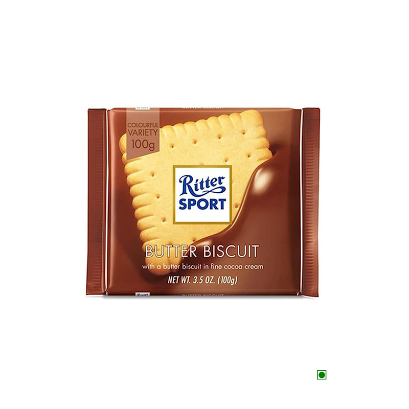A package of Ritter Sport Butterbiscuit Bar 100g with chocolate on it.