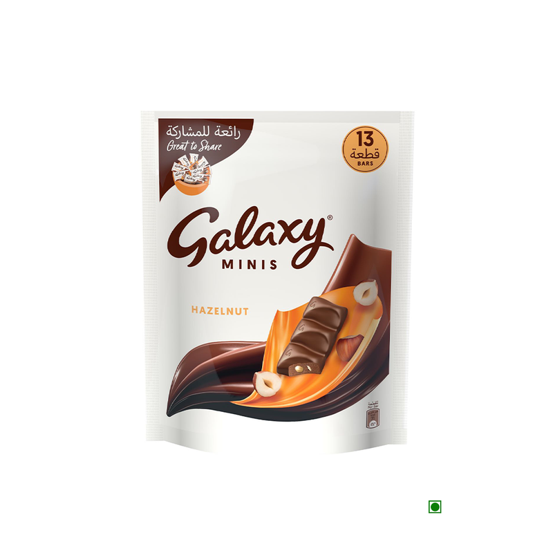 Galaxy Mini Hazelnut Bag 162.5g chocolate bar with almonds on a white background.