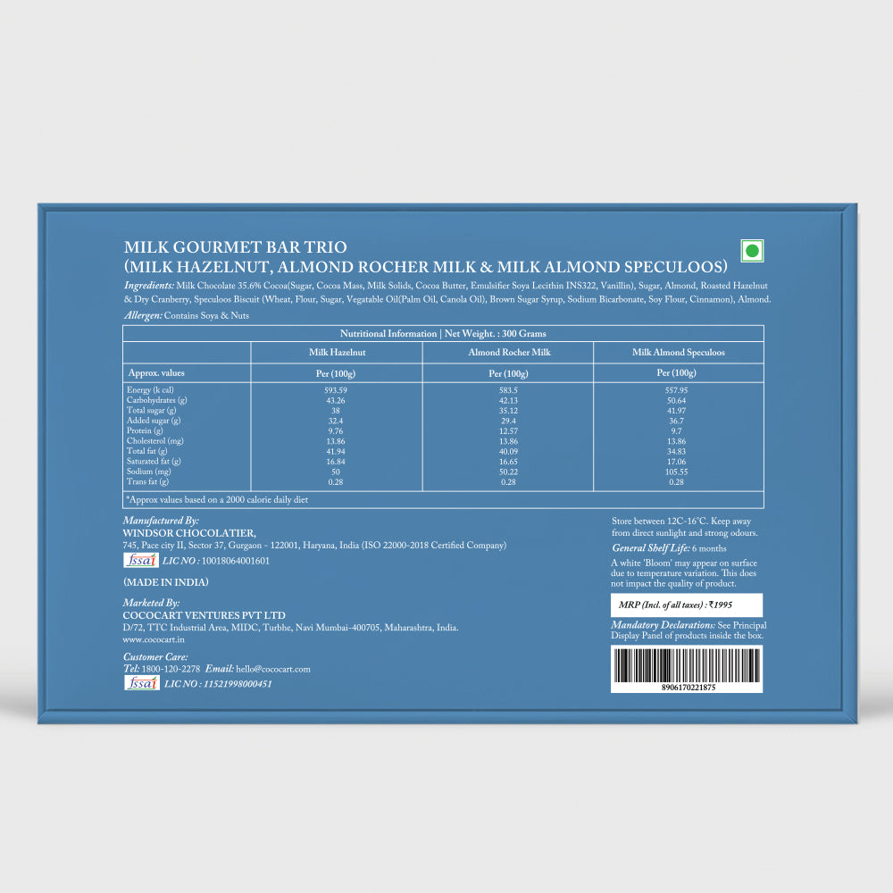 Back of a Rhine Valley Milk Assorted Collection 300g box, showcasing a premium selection of three gourmet chocolate bars. Nutritional information, ingredients, and product details are elegantly displayed on a blue background. Ideal for gifting or indulging in a variety-filled chocolate experience from Rhine Valley.