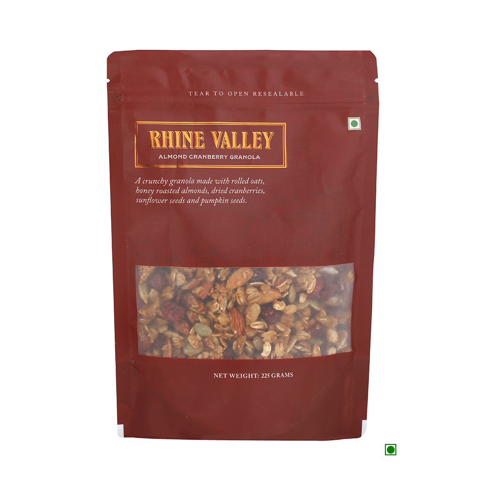 A bag of Rhine Valley Almond Cranberry Granola.