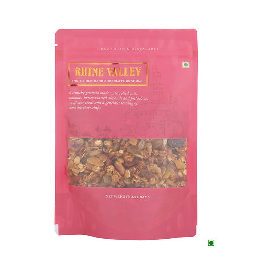 A bag of Rhine Valley Fruit & Nut Dark Granola 225g in a pink pouch.