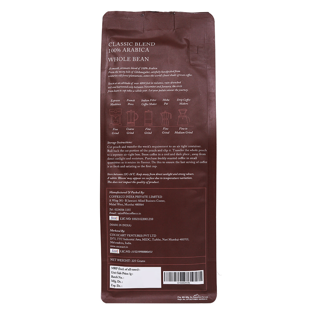 Back of a coffee bag with product details and brewing instructions for Rhine Valley's Classic Blend Whole Bean Coffee 225g, medium roast 100% arabica coffee.