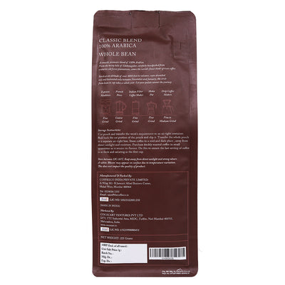 Back of a coffee bag with product details and brewing instructions for Rhine Valley's Classic Blend Whole Bean Coffee 225g, medium roast 100% arabica coffee.