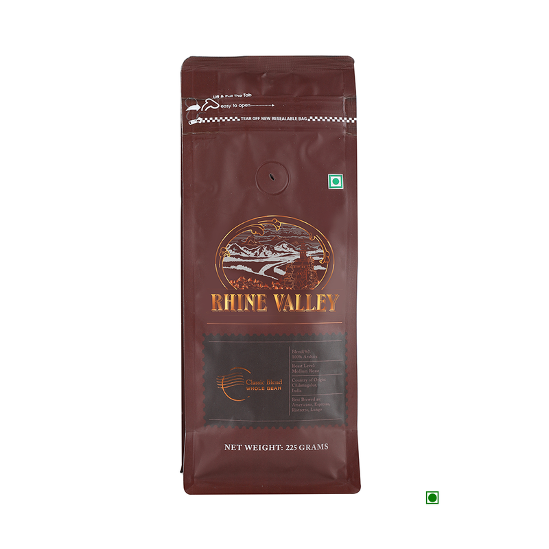 A collection of Rhine Valley Classic Blend Whole Bean Coffee 225g bags with a brown background.
