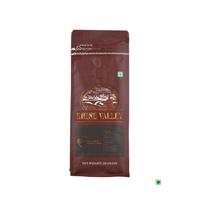 A bag of Rhine Valley Classic Blend Ground Coffee 225g with a brown label on it.