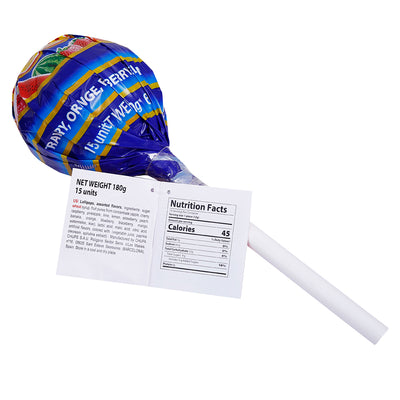 A Chupa Chups Mega Chups 15 Assorted Lollipops 180g with a label attached to it.