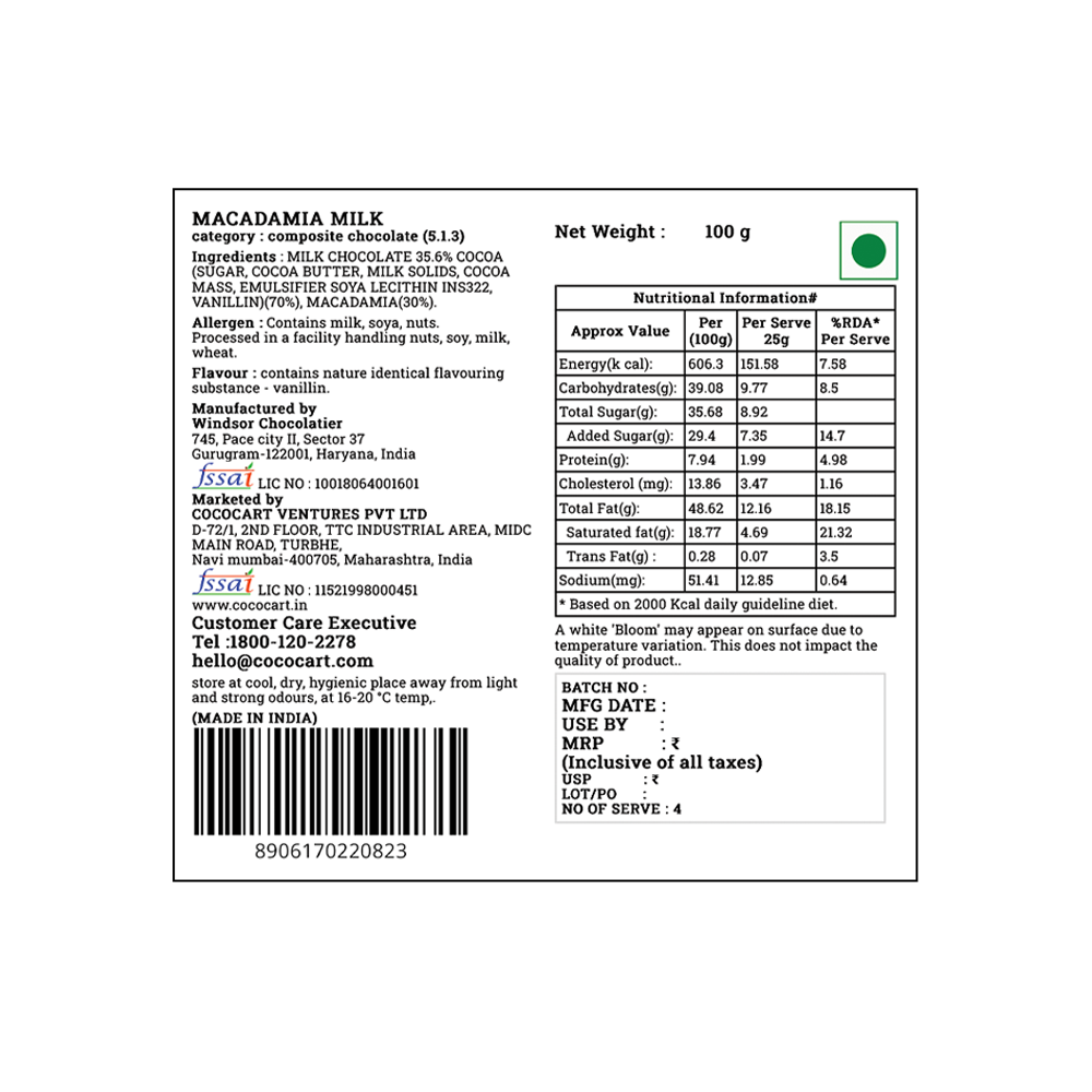 Label of a 100g pack of Rhine Valley Macadamia Milk, detailing ingredients, nutritional information, manufacturer, and packaging details. The package was manufactured in India with a green dot for vegetarian.
