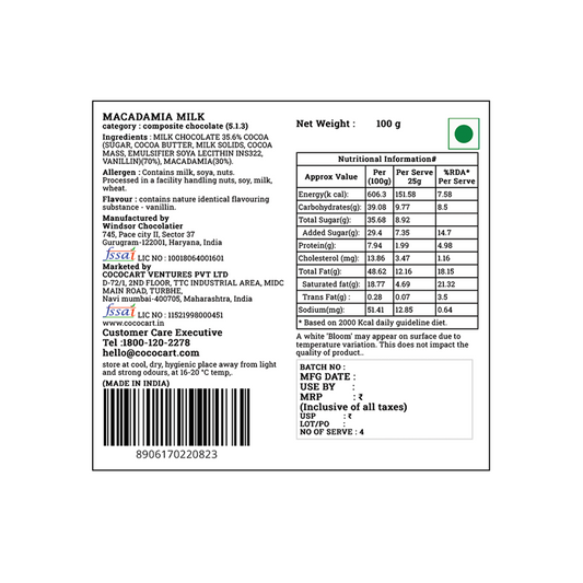 Label of a 100g pack of Rhine Valley Macadamia Milk, detailing ingredients, nutritional information, manufacturer, and packaging details. The package was manufactured in India with a green dot for vegetarian.