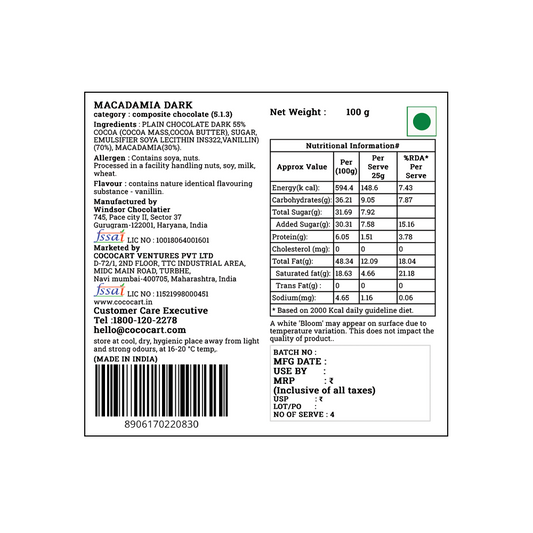 Label of a Rhine Valley Macadamia Dark 100g bar with freshly roasted macadamias, showing nutritional information, ingredients, and manufacturing details. The 100-gram bar is made in India. Country of Origin: India.